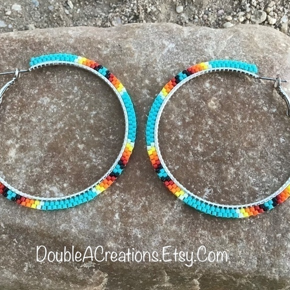 Turquoise 2” Beaded Hoops, New, Handmade by Me - Picture 5 of 7